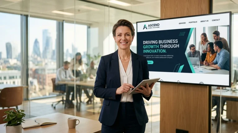 ผู้บริหารหญิงดูแท็บเล็ตแสดงกราฟการเติบโตคู่กับกระปุกออมสิน สื่อถึงประโยชน์ของเว็บไซต์ SME ที่ช่วยประหยัดต้นทุนการตลาดและเพิ่มประสิทธิภาพระยะยาวด้วย SEO