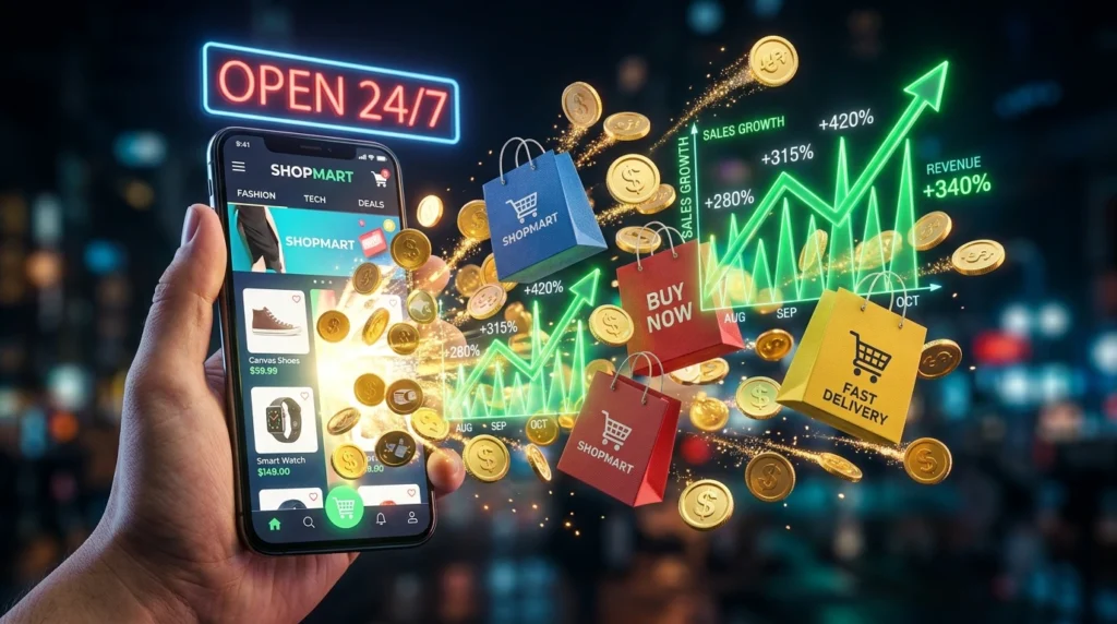 Smartphones display e-commerce systems with soaring sales graphs and gold coins – one of the benefits of having a company website that helps SMEs generate revenue 24/7.